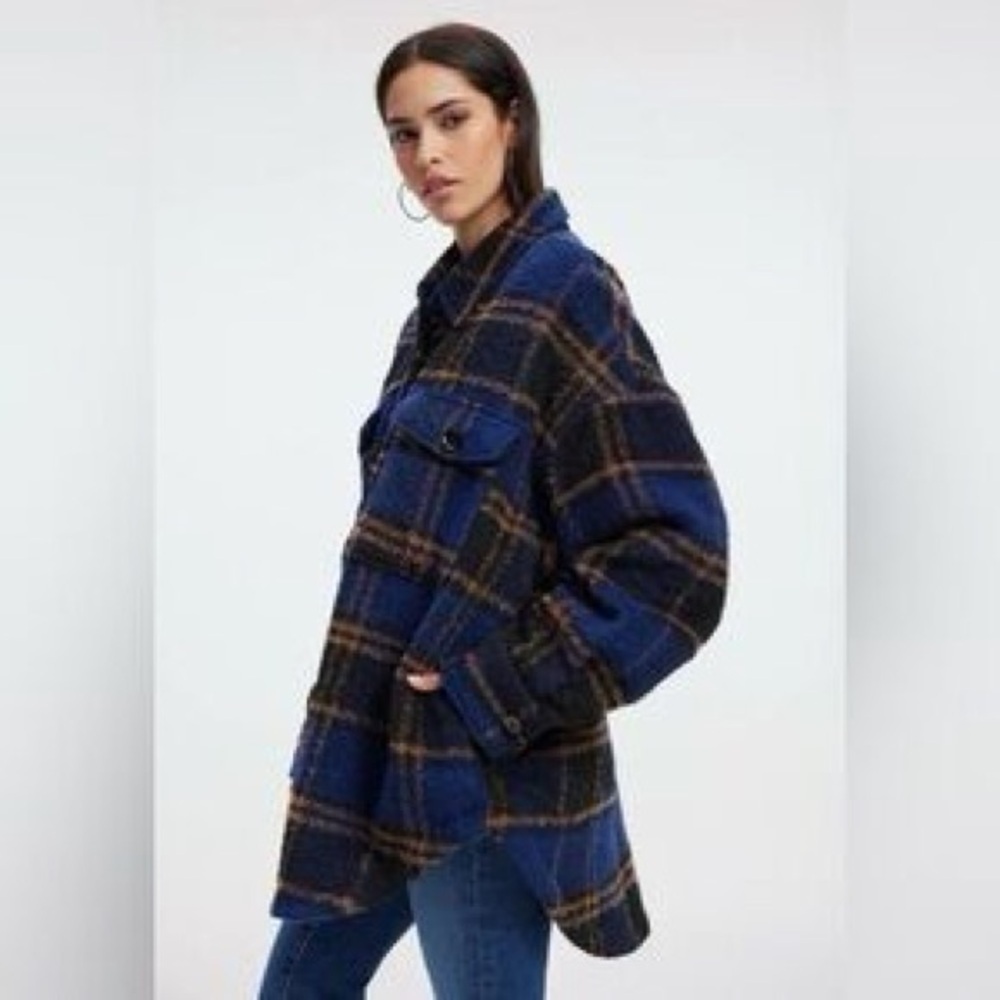 Good American Size 1/2 Blue Black Plaid Wool Blend Utility Shacket Jacket